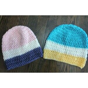 Handmade Women's Knit Striped Beanie Hats Set of 2 Multicolor OS